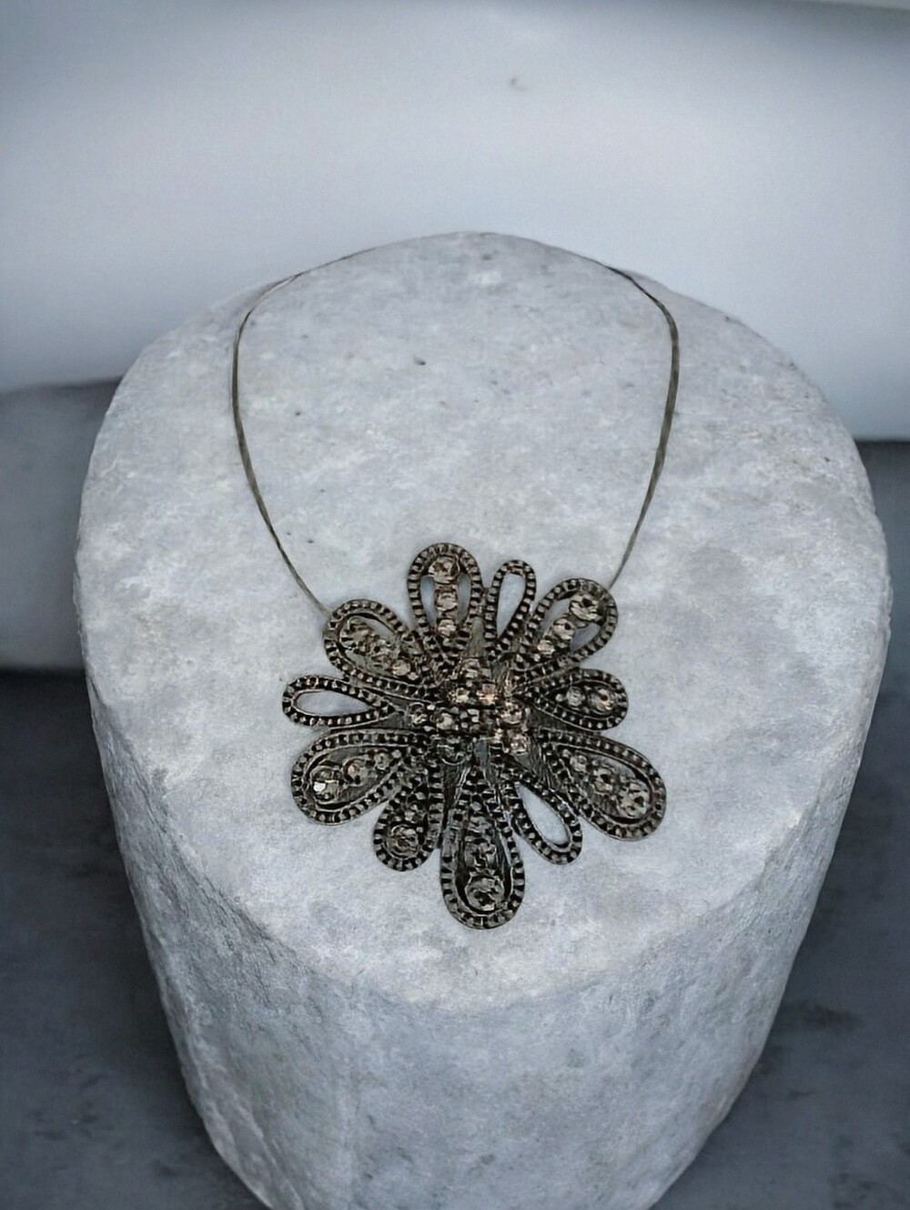 Vintage Chico's Gunmetal Tone Smoky Rhinestone Flower Pendant Multi Wire.
